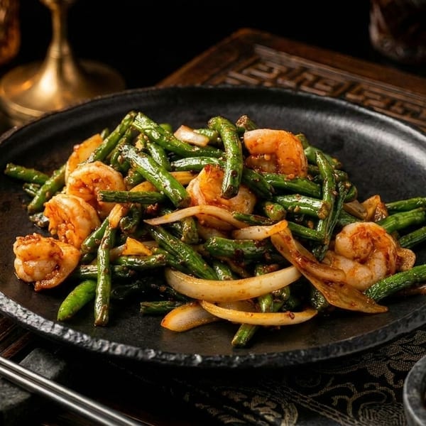 Shrimp and green bean stir-fry with onions on a black plate, chopsticks, and chili oil.