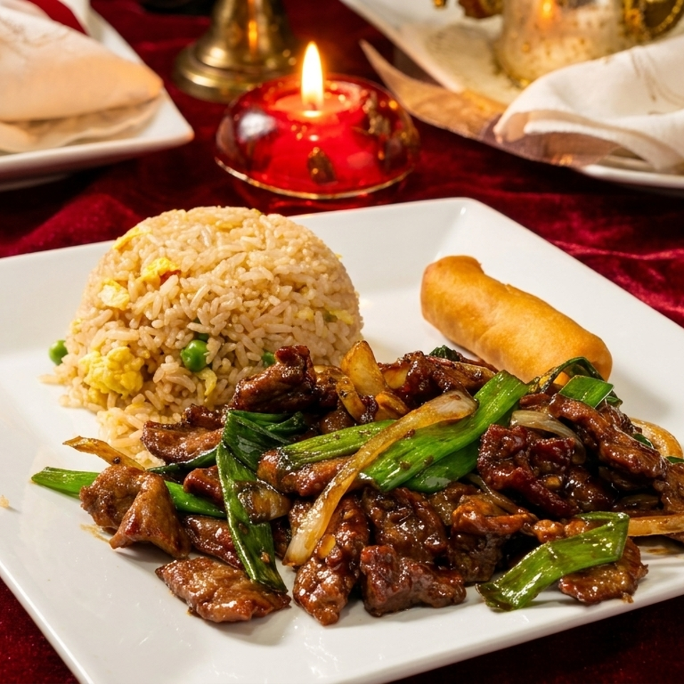 Beef and scallions with fried rice and an egg roll on a white plate, with a candlelit background.