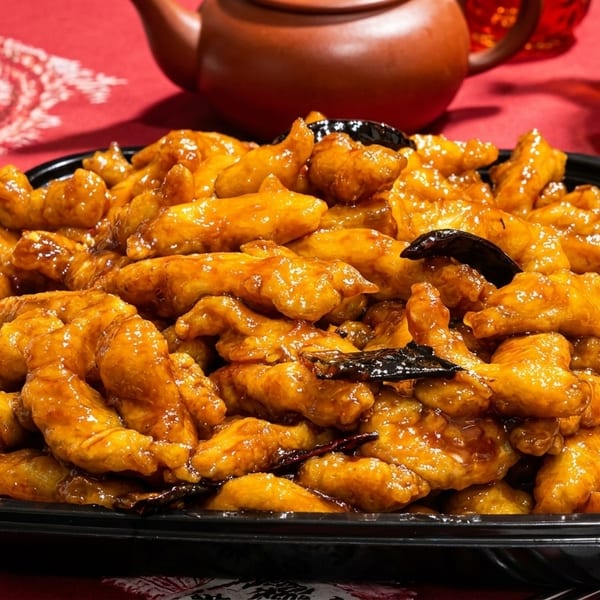 A large black tray filled with glistening orange chicken, garnished with dark dried chilies, on a red tablecloth.