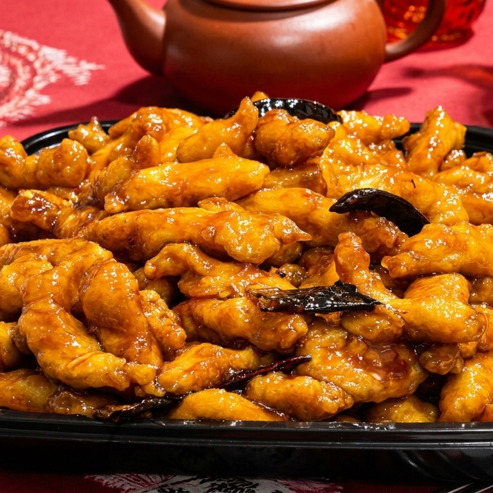 A large black tray filled with glistening orange chicken, garnished with dark dried chilies, on a red tablecloth.
