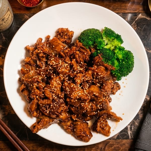 Sesame chicken with broccoli on a white plate, with chopsticks and soy sauce nearby.