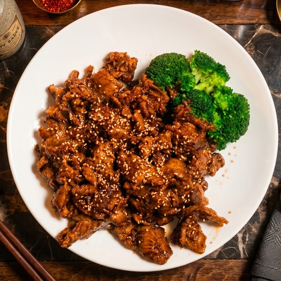 Sesame chicken with broccoli on a white plate, with chopsticks and soy sauce nearby.