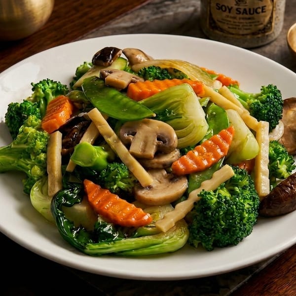 A vibrant stir-fry with broccoli, carrots, mushrooms, and snow peas on a white plate.