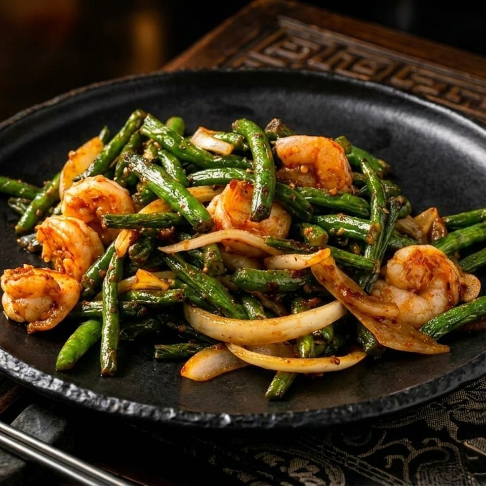 Stir-fried green beans, shrimp, and onions on a black plate with ornate wooden and fabric background.