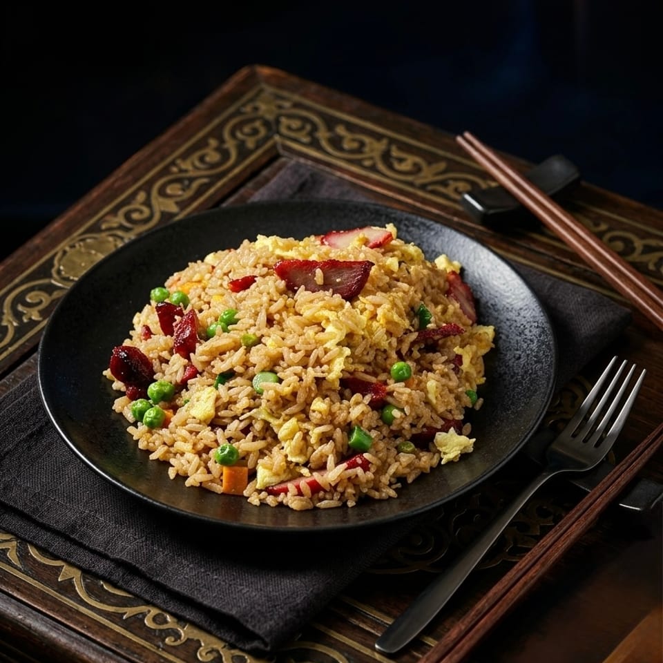 Pork fried rice with peas, carrots, and scrambled egg on a black plate with chopsticks and fork.