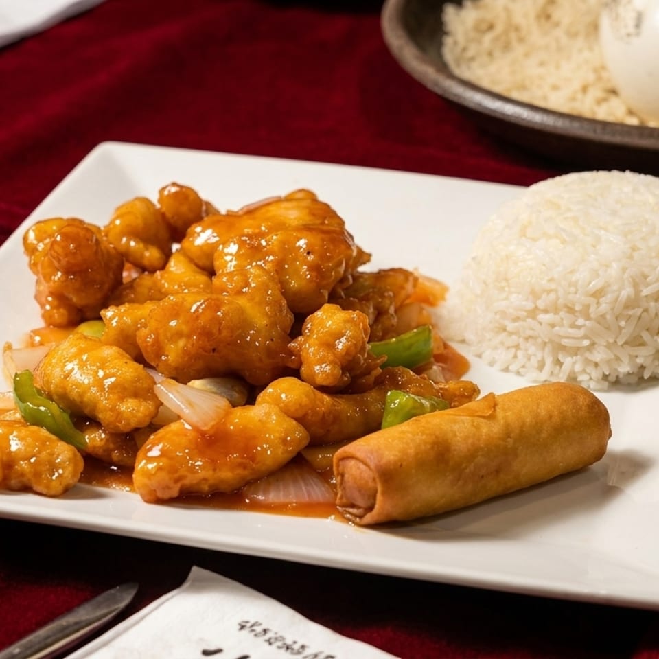 Sweet and sour chicken with white rice and an egg roll on a white plate.