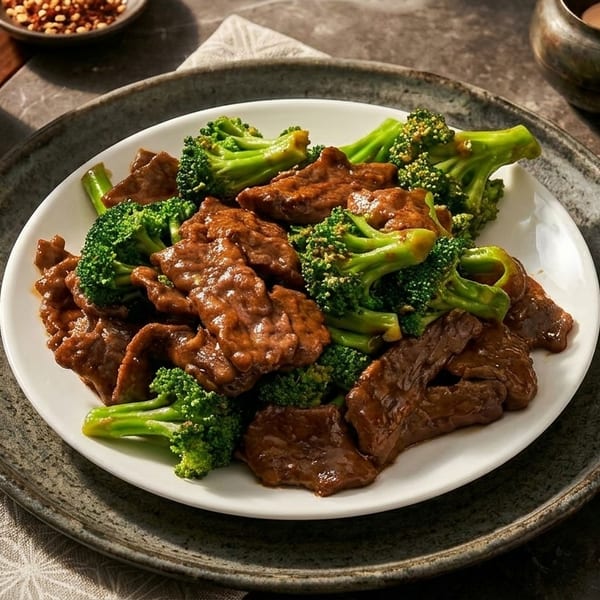 Beef and broccoli dish on a white plate with soy sauce, chili flakes, and chopsticks.