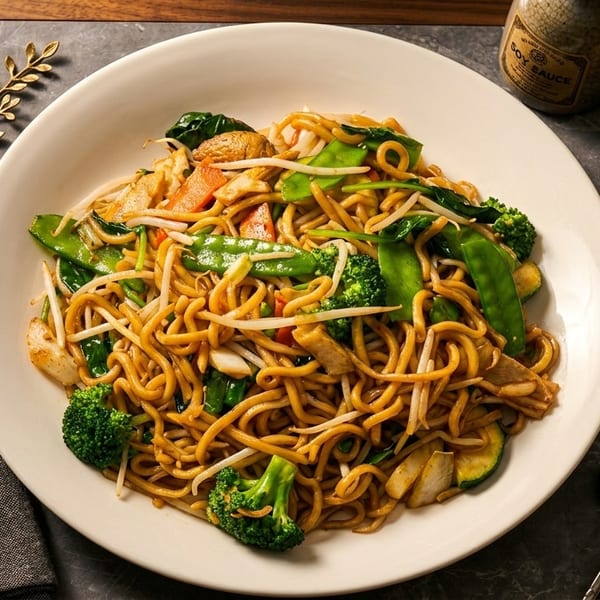 A white bowl filled with lo mein noodles, chicken, and mixed vegetables, with chopsticks and soy sauce.