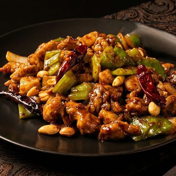 Kung Pao chicken with peanuts, green peppers, and red chilies on a black plate.